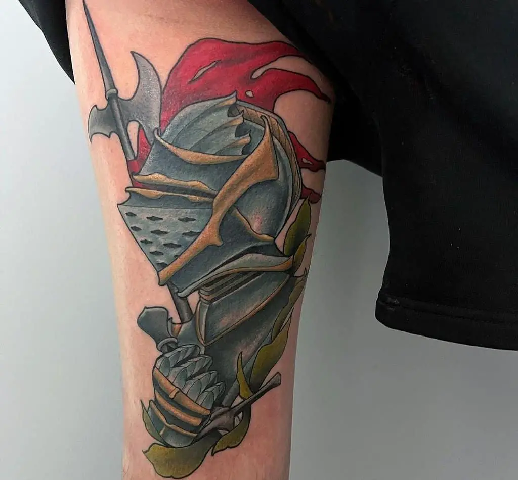 Blue helmet and halberd tattoo 