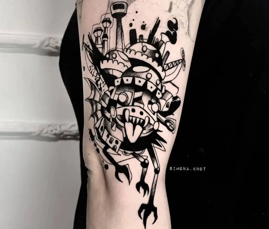 The Walking Castle tattoo is a deep, dark color