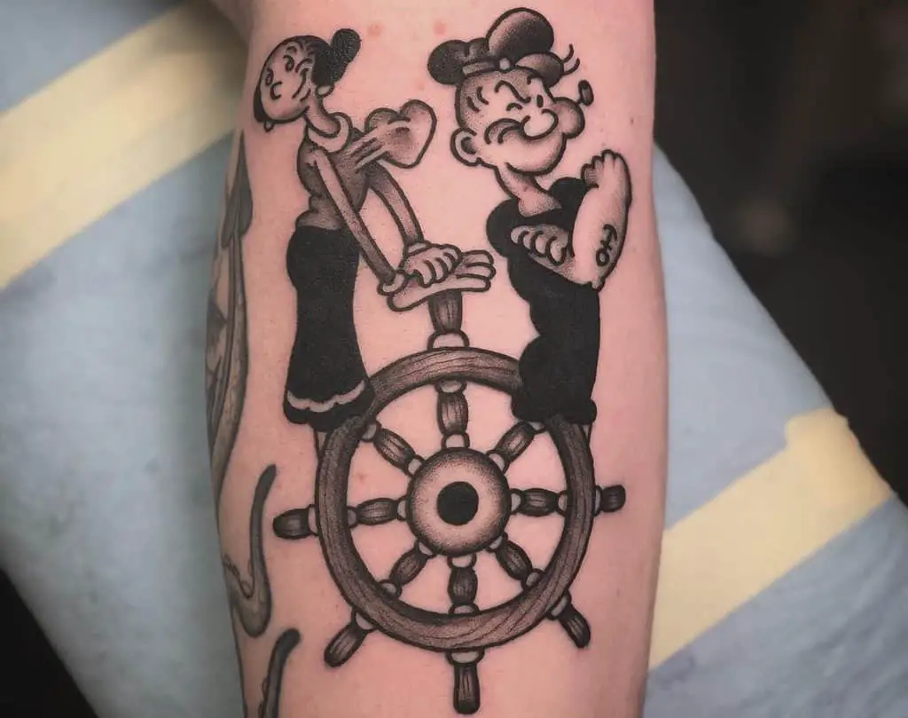 Popeye sailor tattoo with a helm