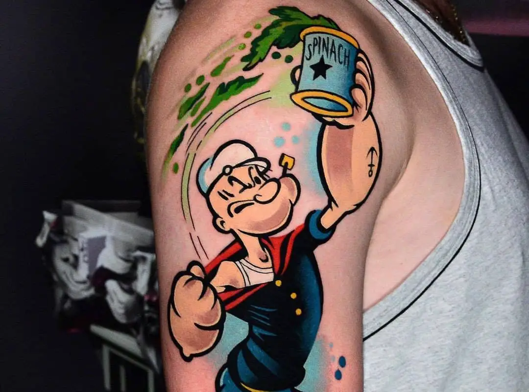 Popeye sailor tattoo with a can of spinach