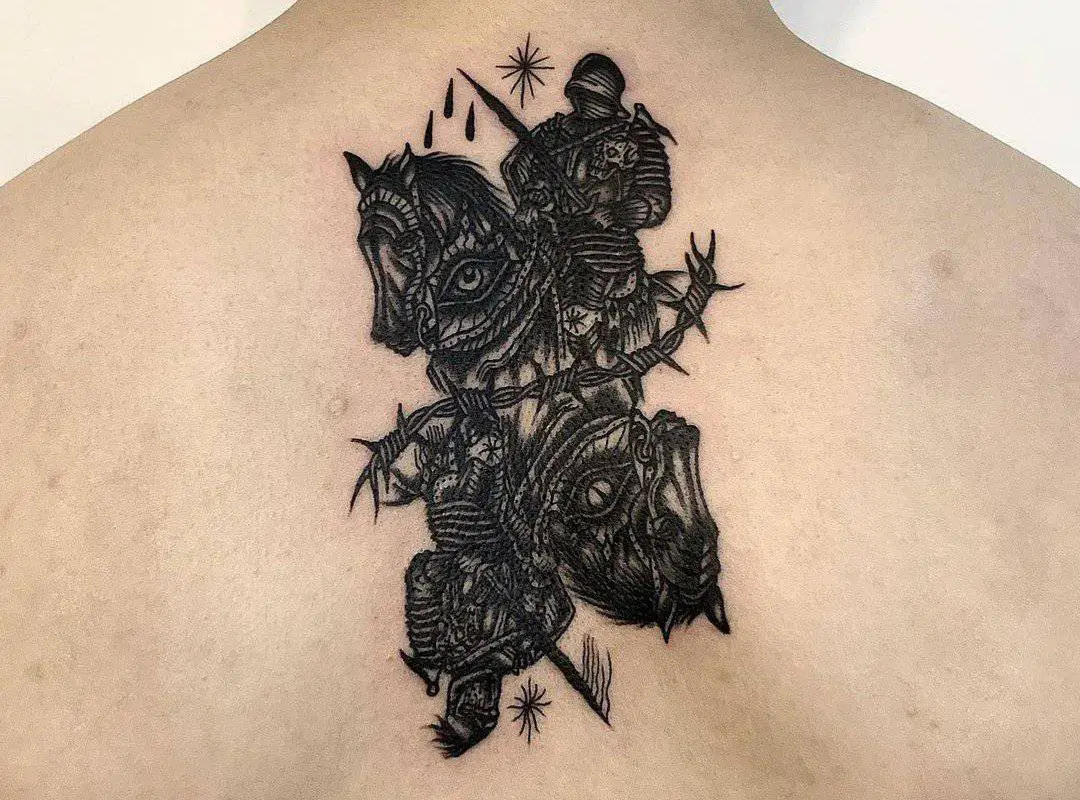 black and white tattoo of a black knight 
