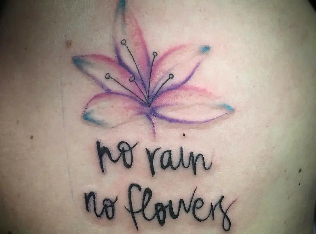 Tattoo inscription "no rain no flowers" and a flower