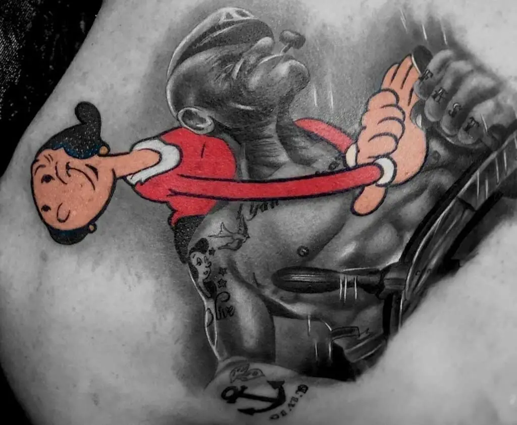 Popeye sailor tattoo with a girl in red