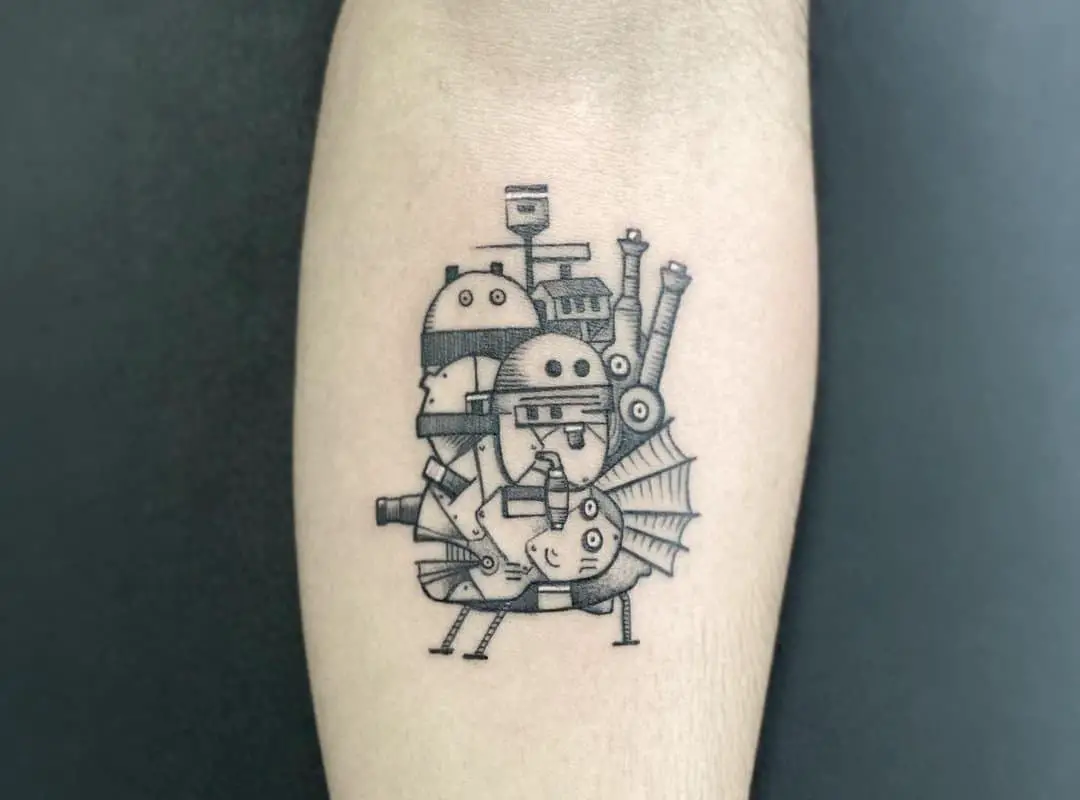 minimalist black and white tattoo of howl's moving castle