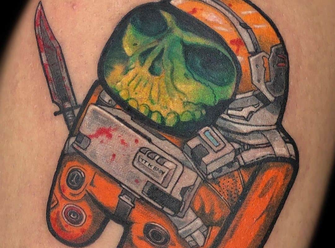 Alien Impostor in the space costume tattoo
