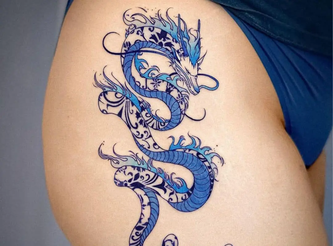 Blue Haku dragon leg tattoo