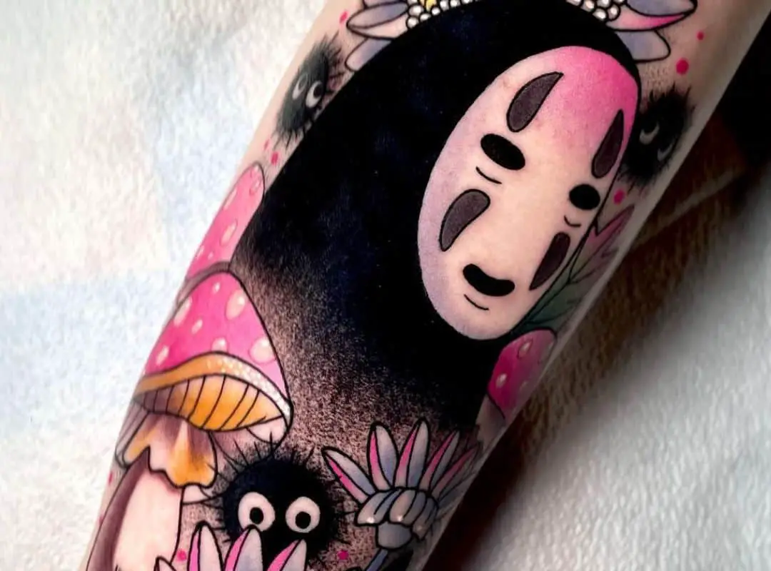 No Face with mushrooms and flowers tattoo