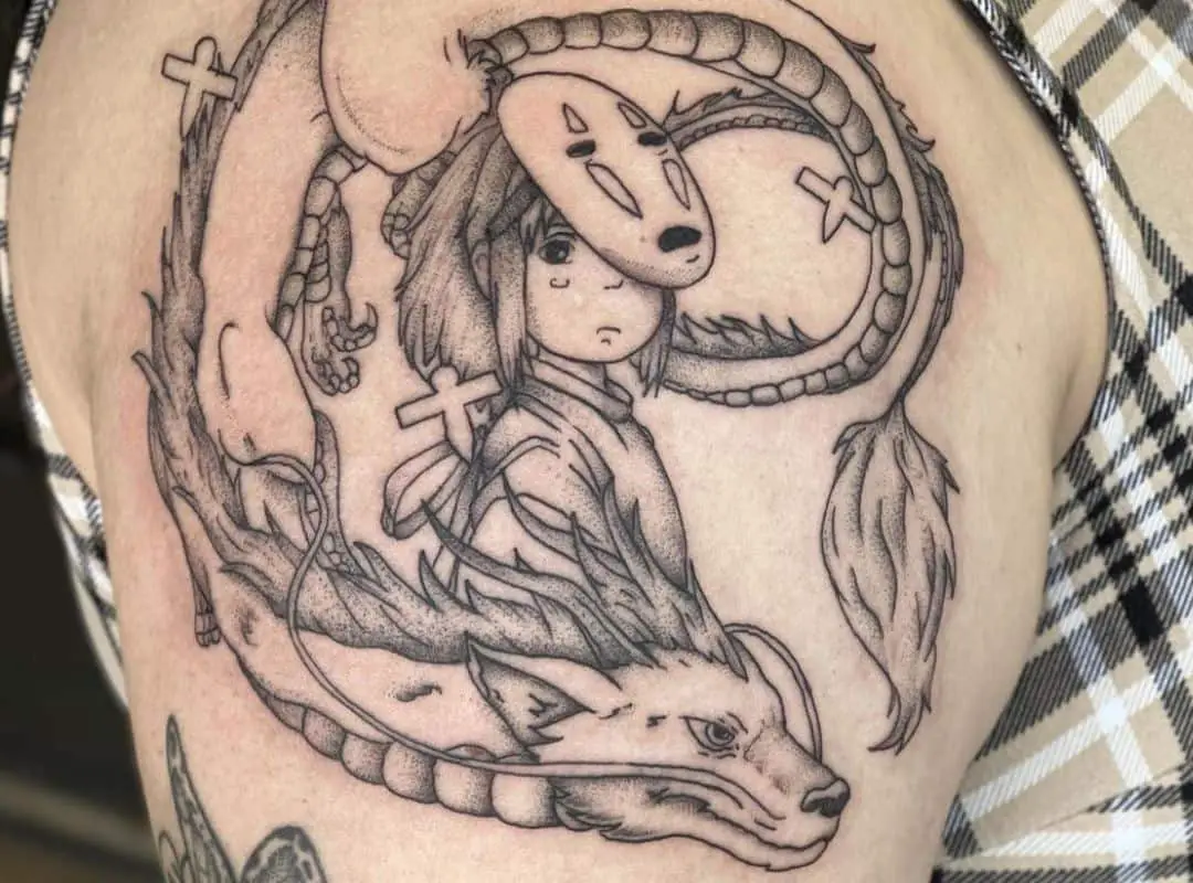Outline Haku & Chihiro in the mask of No Face tattoo