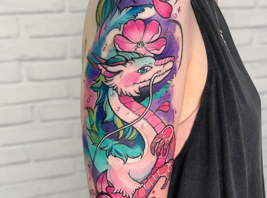 Haku dragon sleeve tattoo with flowers