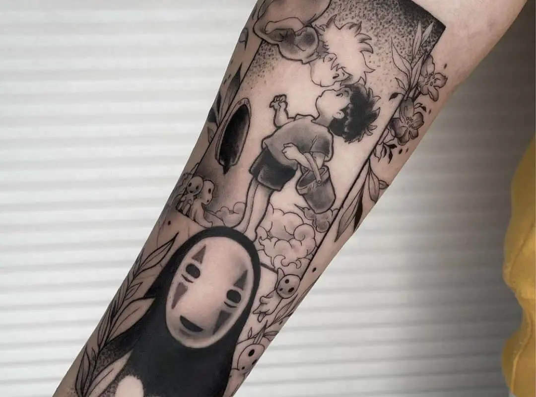 Outline No Face and Ponyo characters tattoo