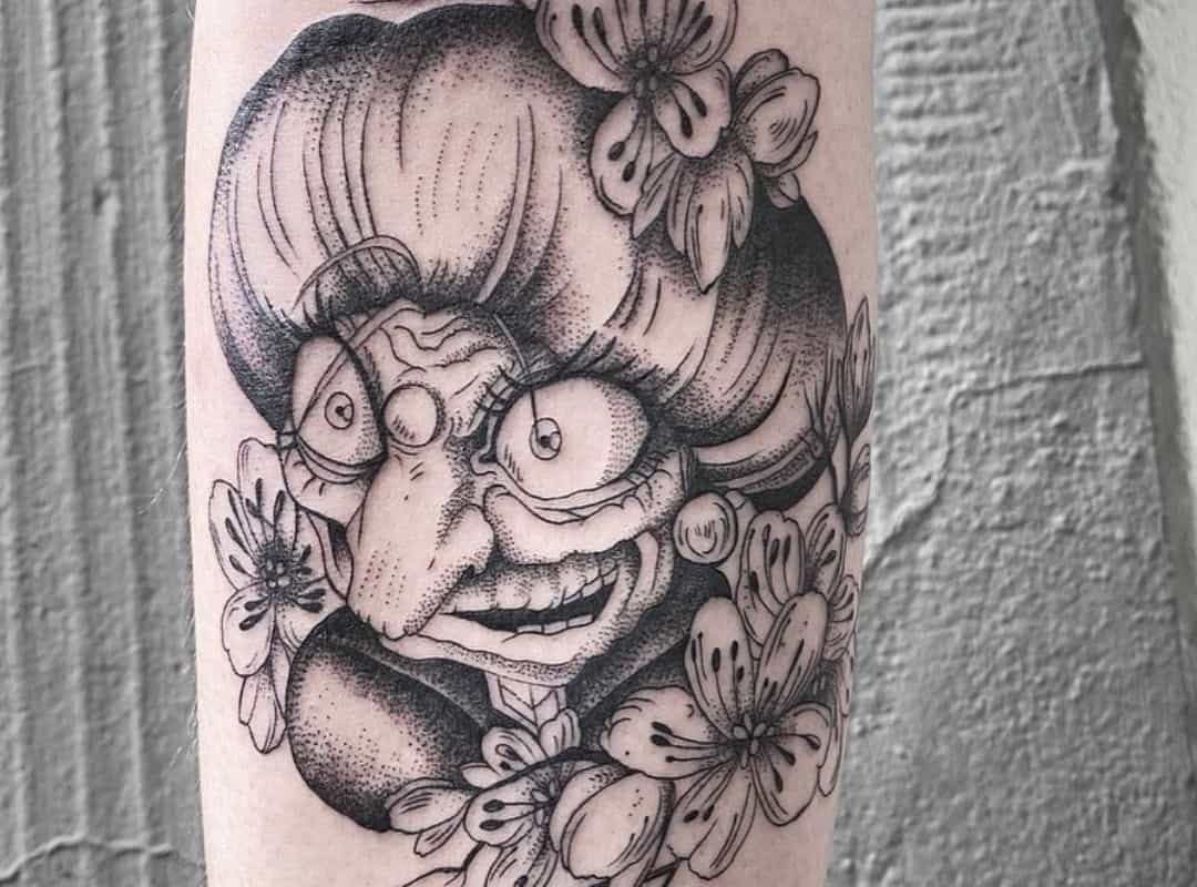 Outline Yubaba in flowers tattoo