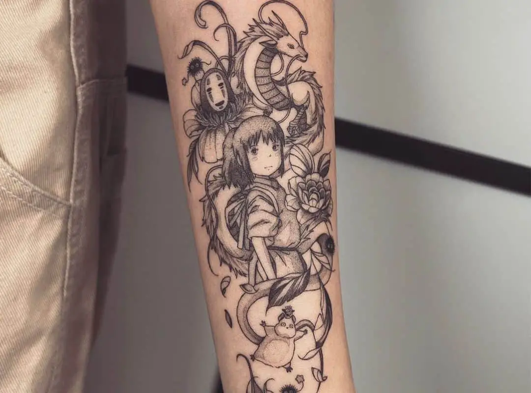 Haku, Chihiro and No Face in flowers tattoo
