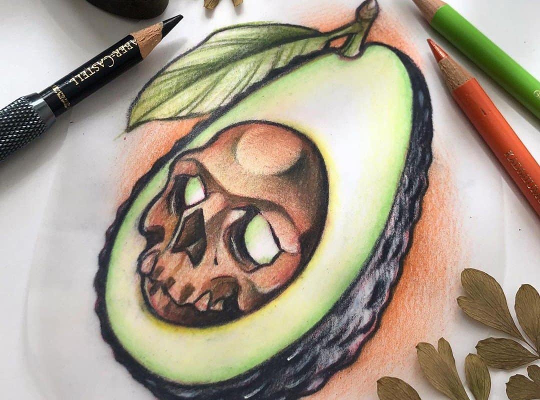 avocado tattoo sketch with a skull instead of a bone