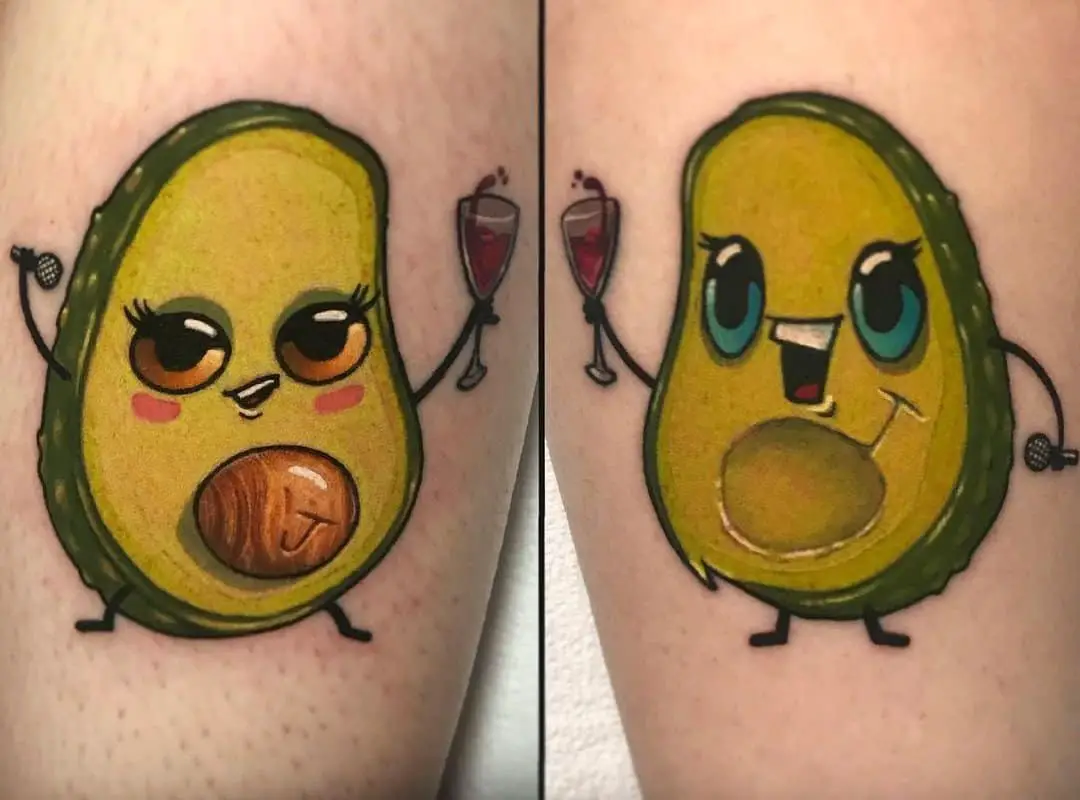 identical tattoos of funny avocados
