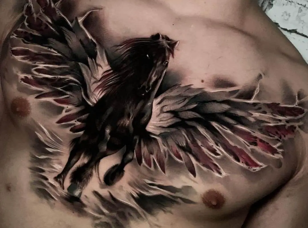 a black tattoo of a pegasus across his chest