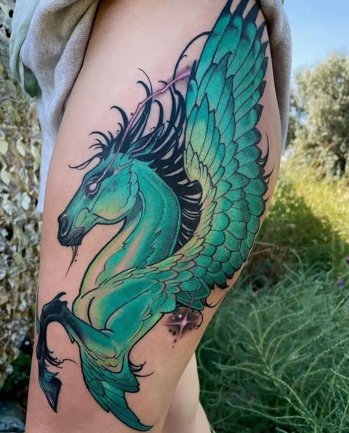 The green pegasus is printed on the hip