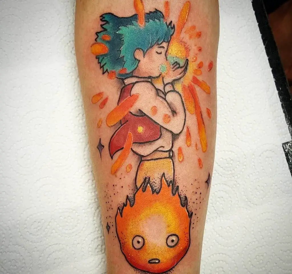 Howl and Calcifer tattoo on the leg