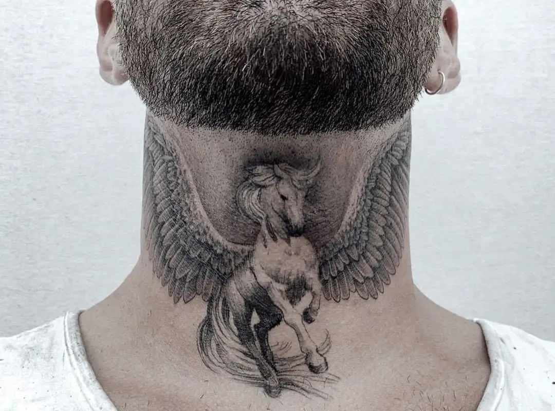 Pegasus tattoo spreading its wings around the neck