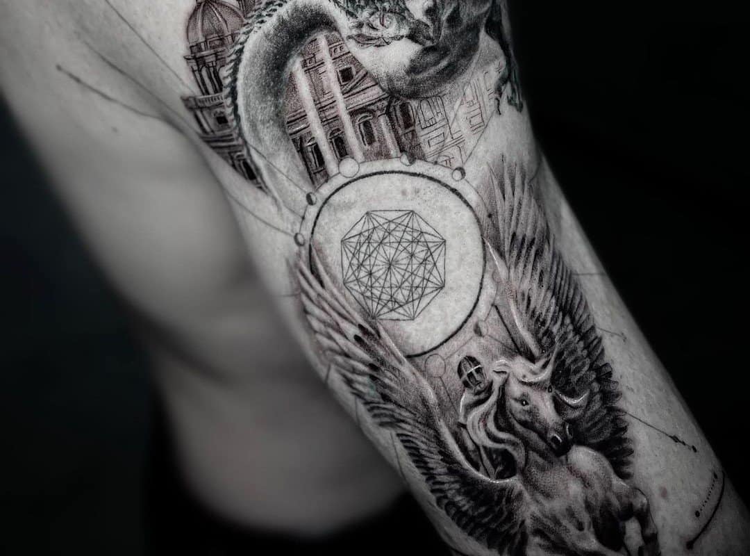 black and white pegasus-tattoo-on-the-triceps