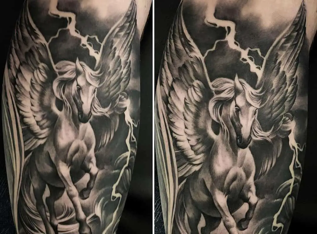 two photos of a pegasus tattoo