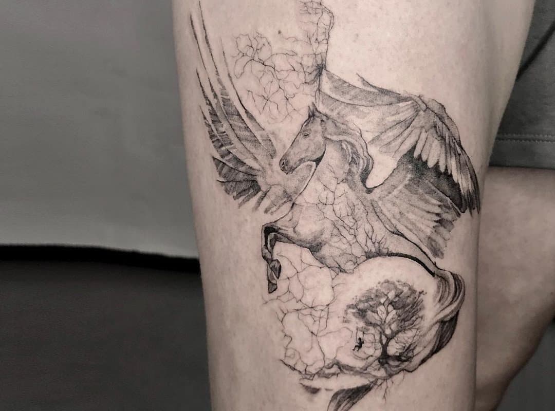 Pegasus tattoo in a translucent haze