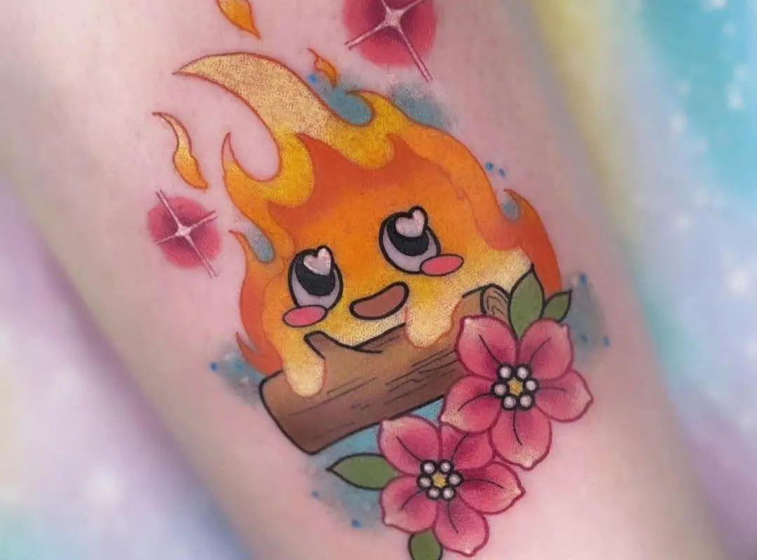 with flowers calcifer tattoo